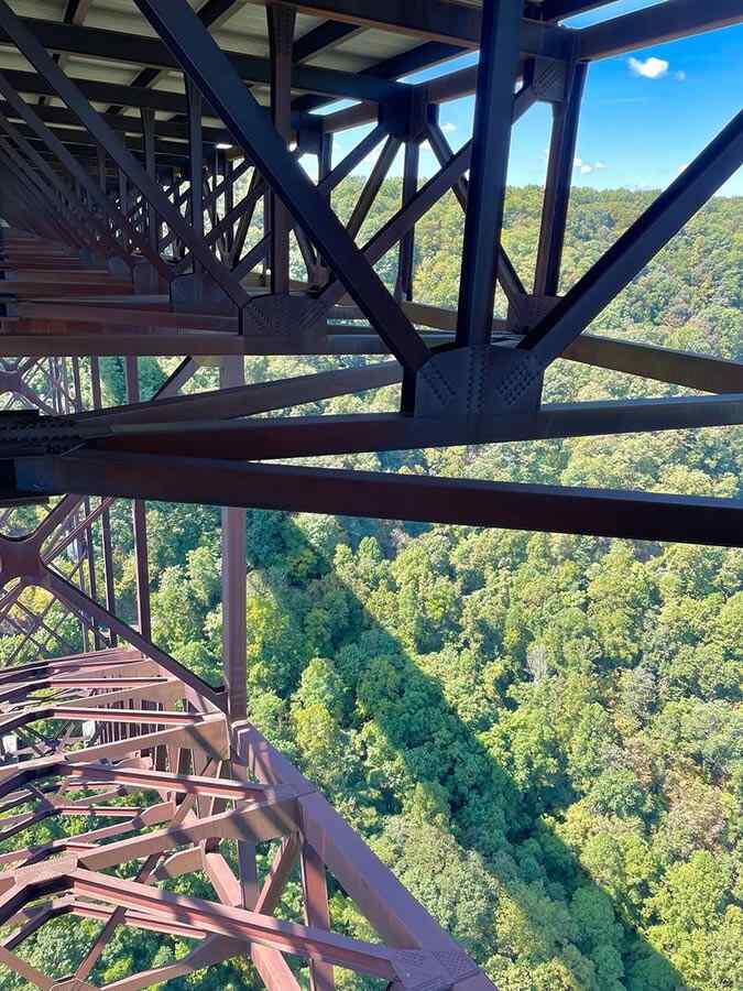 Bridge steel beams with lush green gorge below